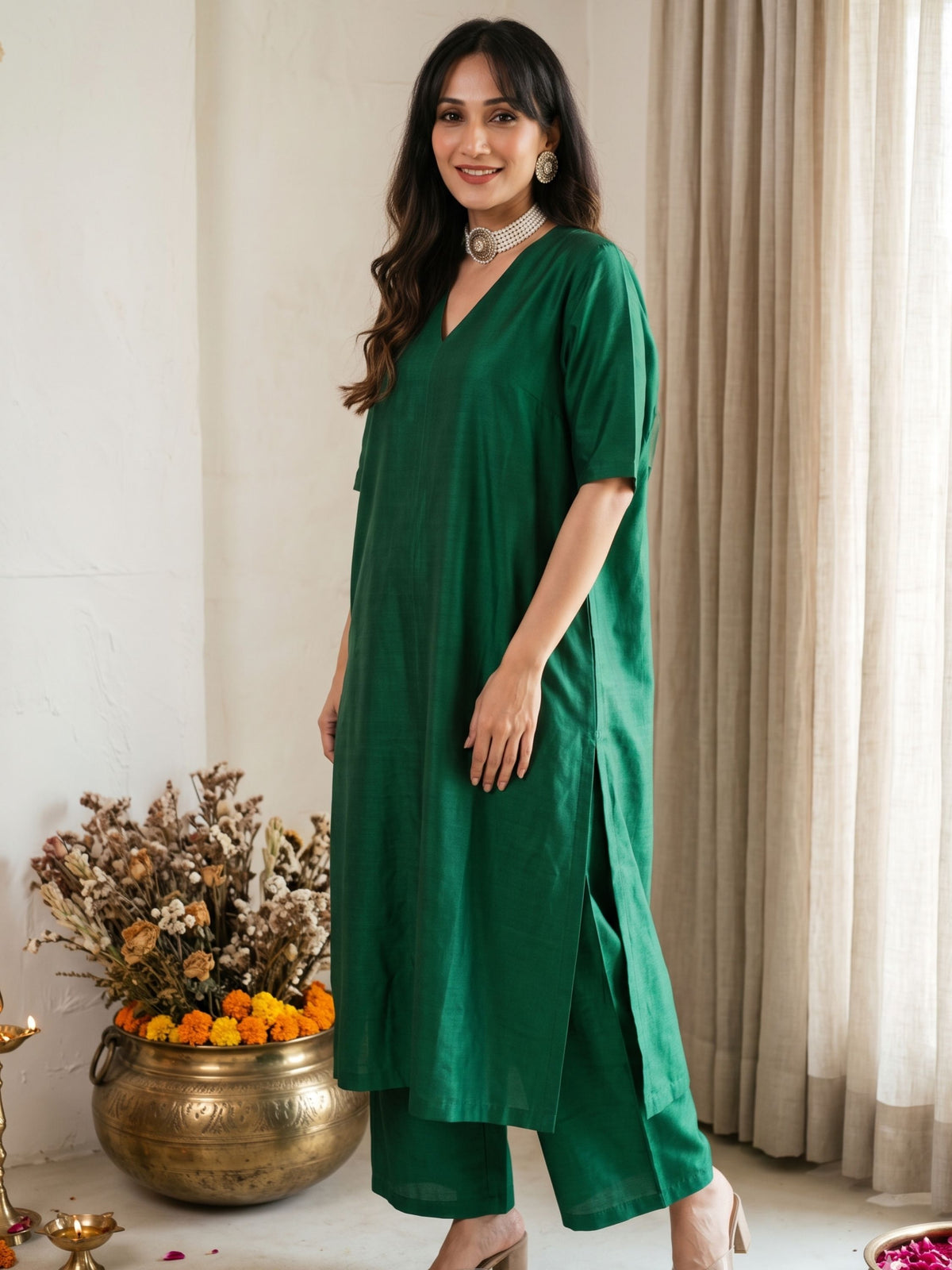 Emerald Grace Long Silk Kurta Set