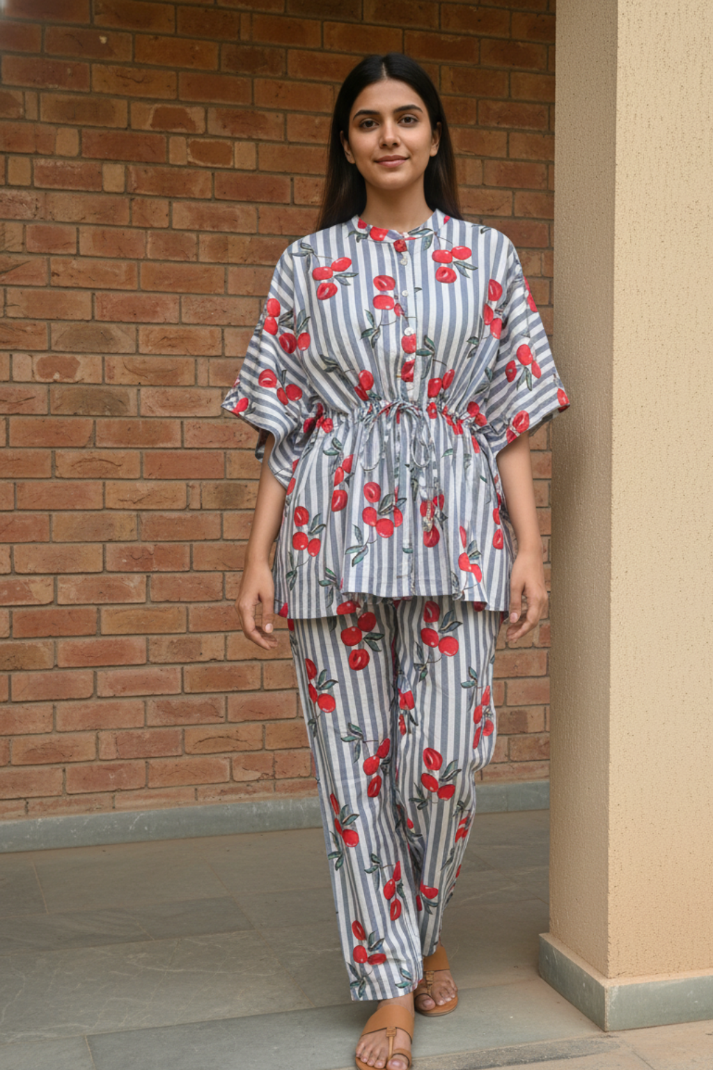 Cherry Stripe Kaftan Cotton Co Ord Set
