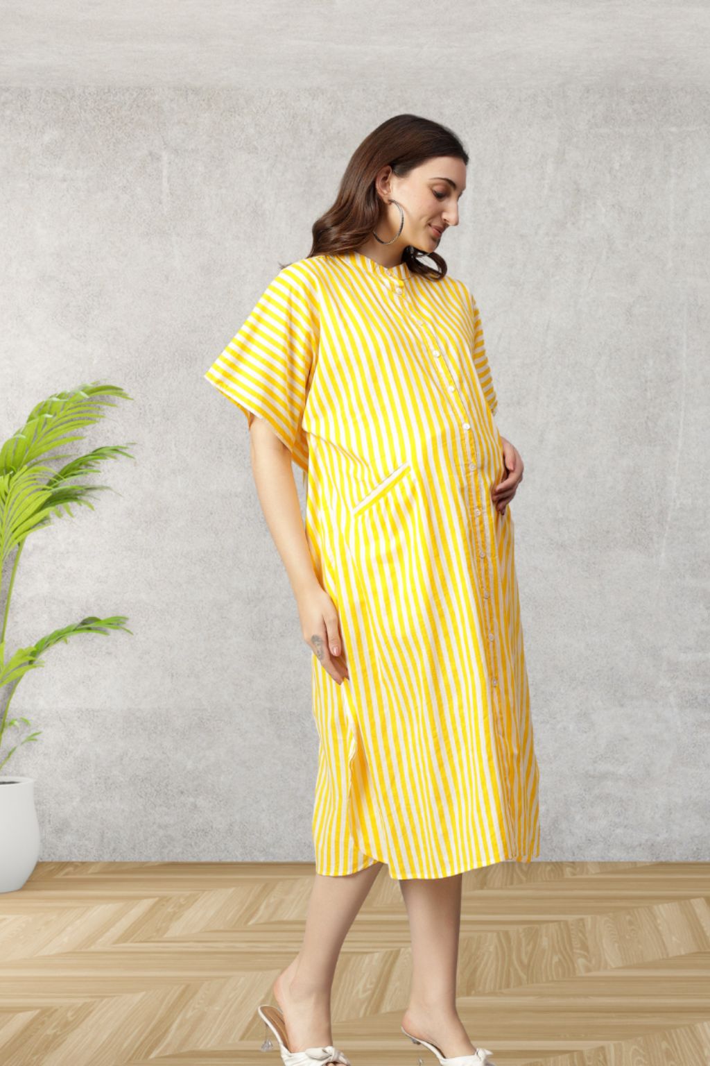Yellow Stripe Cotton Kaftan Shirt Dress