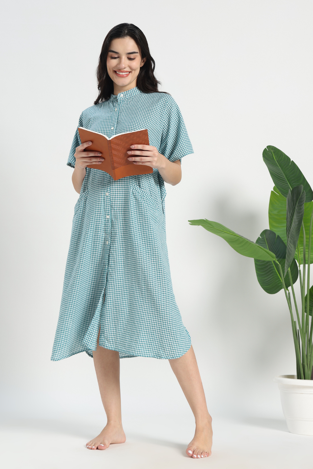 Green Check Cotton Kaftan Shirt Dress