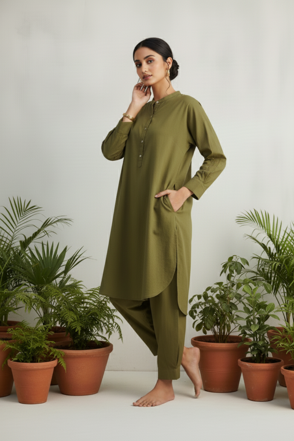 Samira Olive Cotton Kurta Set