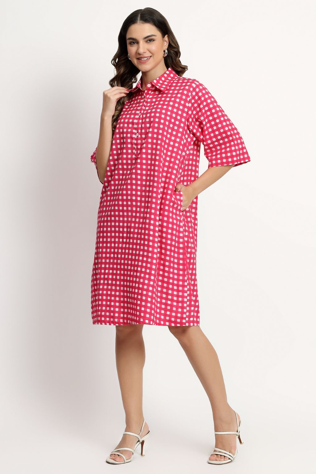 Retro Vibes Pink Check Cotton Shift Dress