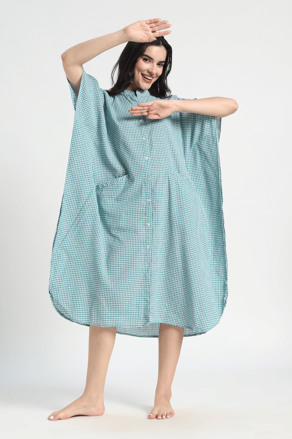Green Check Cotton Kaftan Shirt Dress