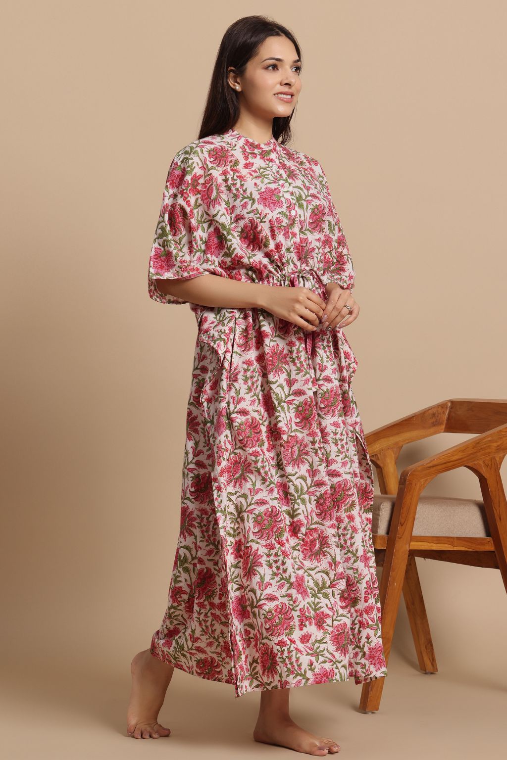 Coral Crush Hand-Block Cotton shirt Kaftan