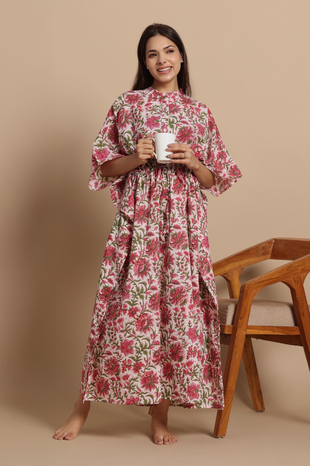 Coral Crush Hand-Block Cotton shirt Kaftan