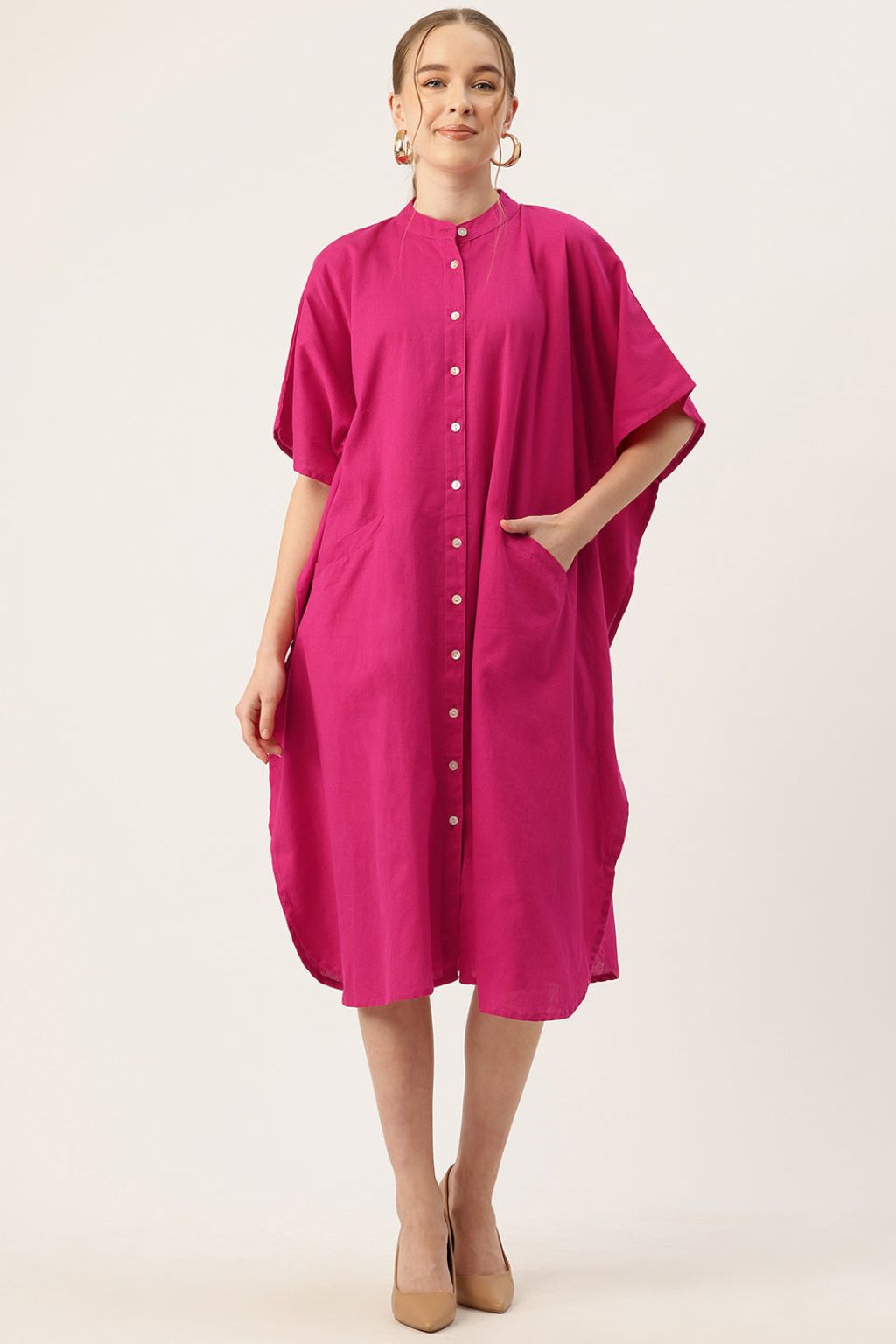Hot Pink Pop Cotton Kaftan Shirt Dress