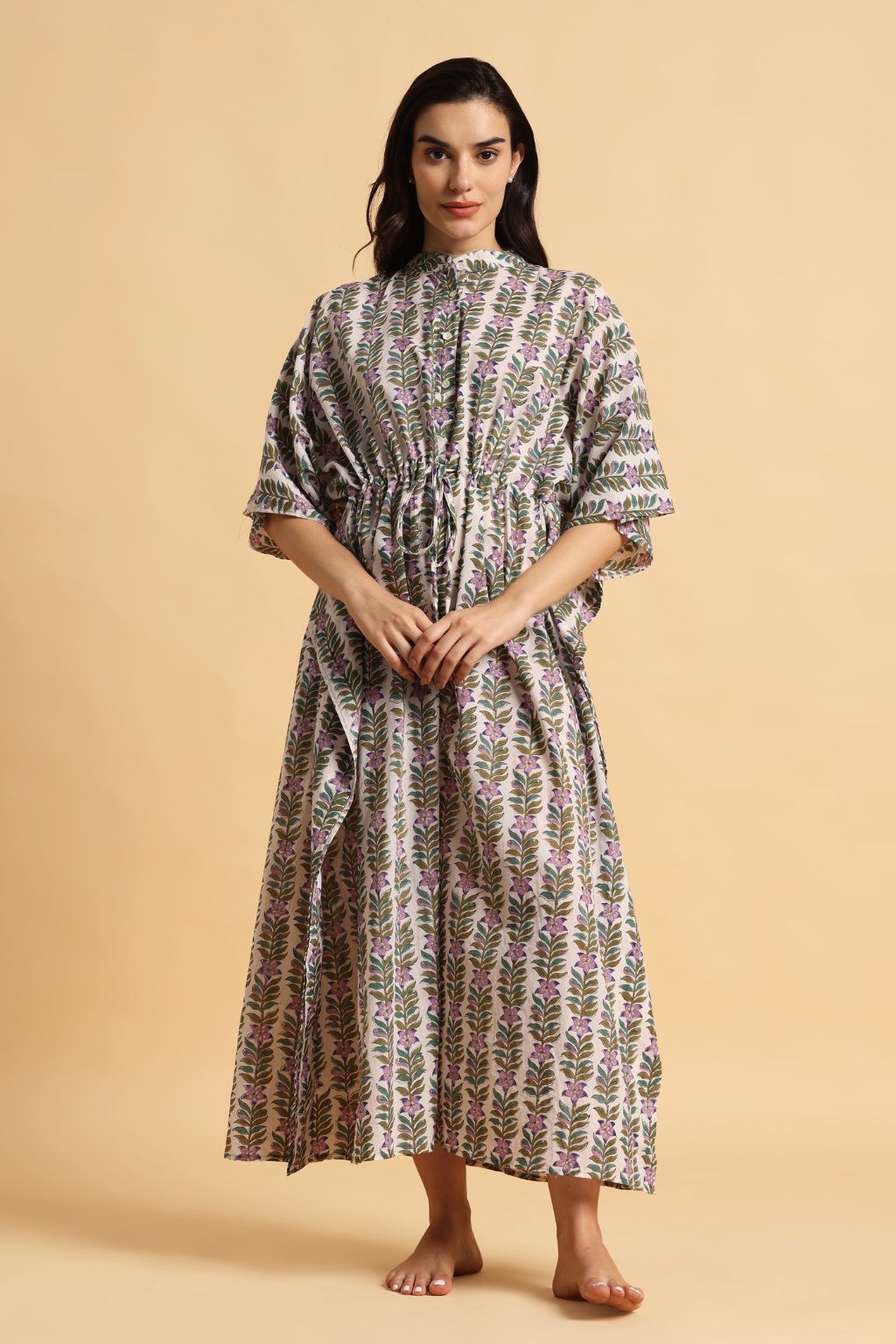 Multi Jade Hand-Block Cotton Shirt Kaftan