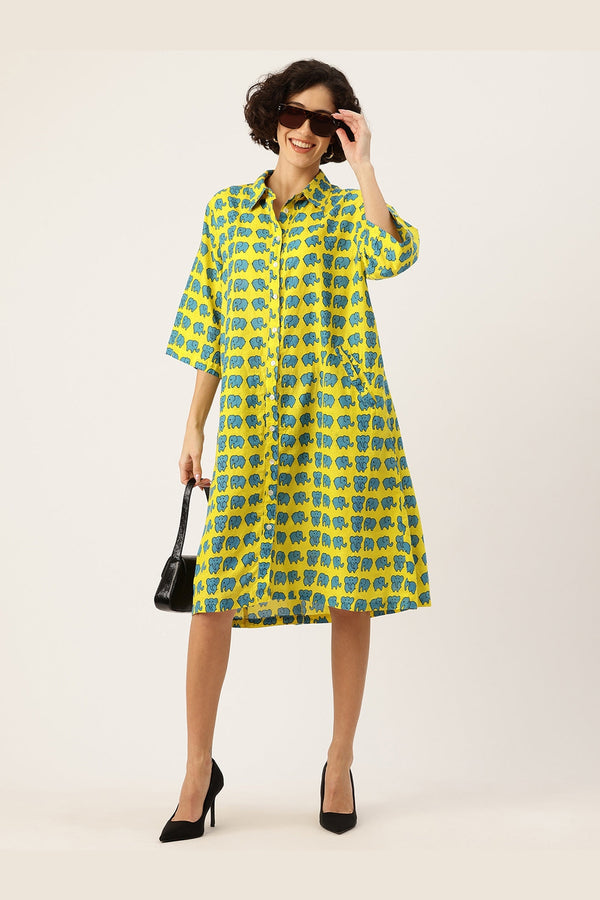 Trunky Twirls Cotton A-Line Shirt Dress