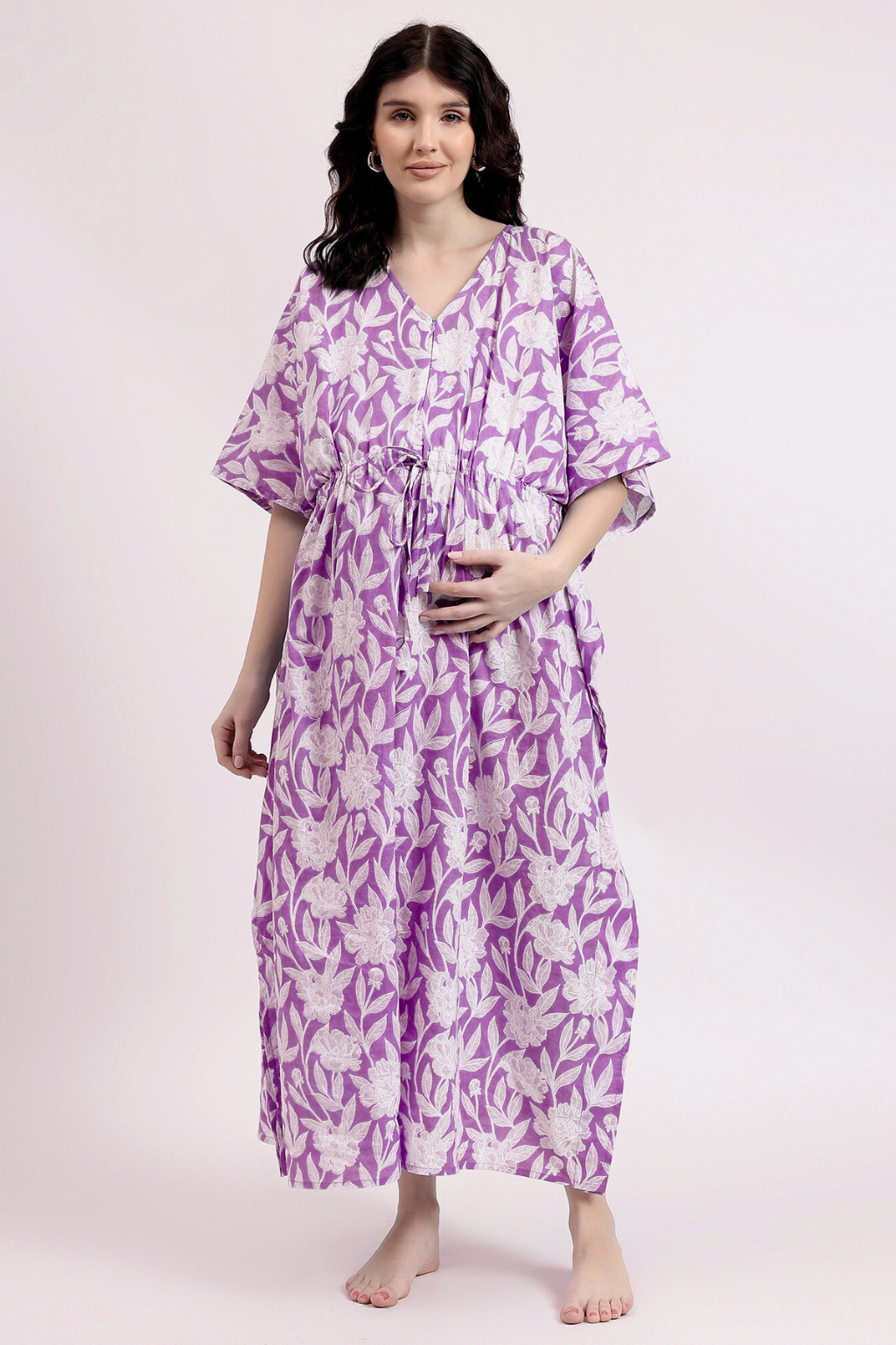 Purple Petals cotton maternity kaftan with zip