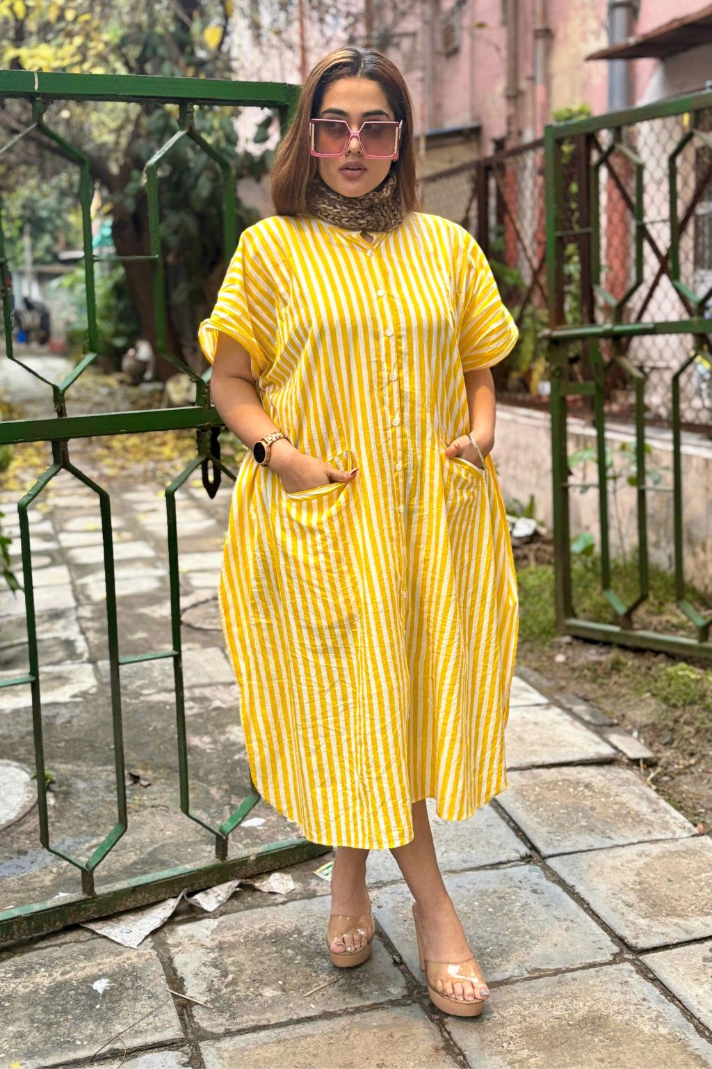 Yellow Stripe Cotton Kaftan Shirt Dress