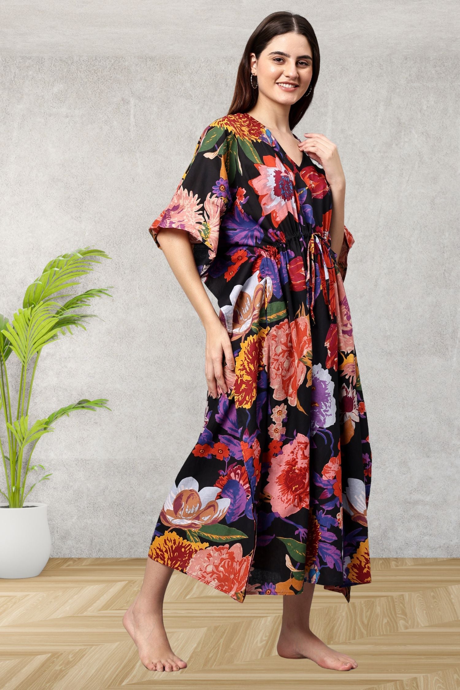 Blossoming Black Multi Floral Cotton Maxi Kaftan