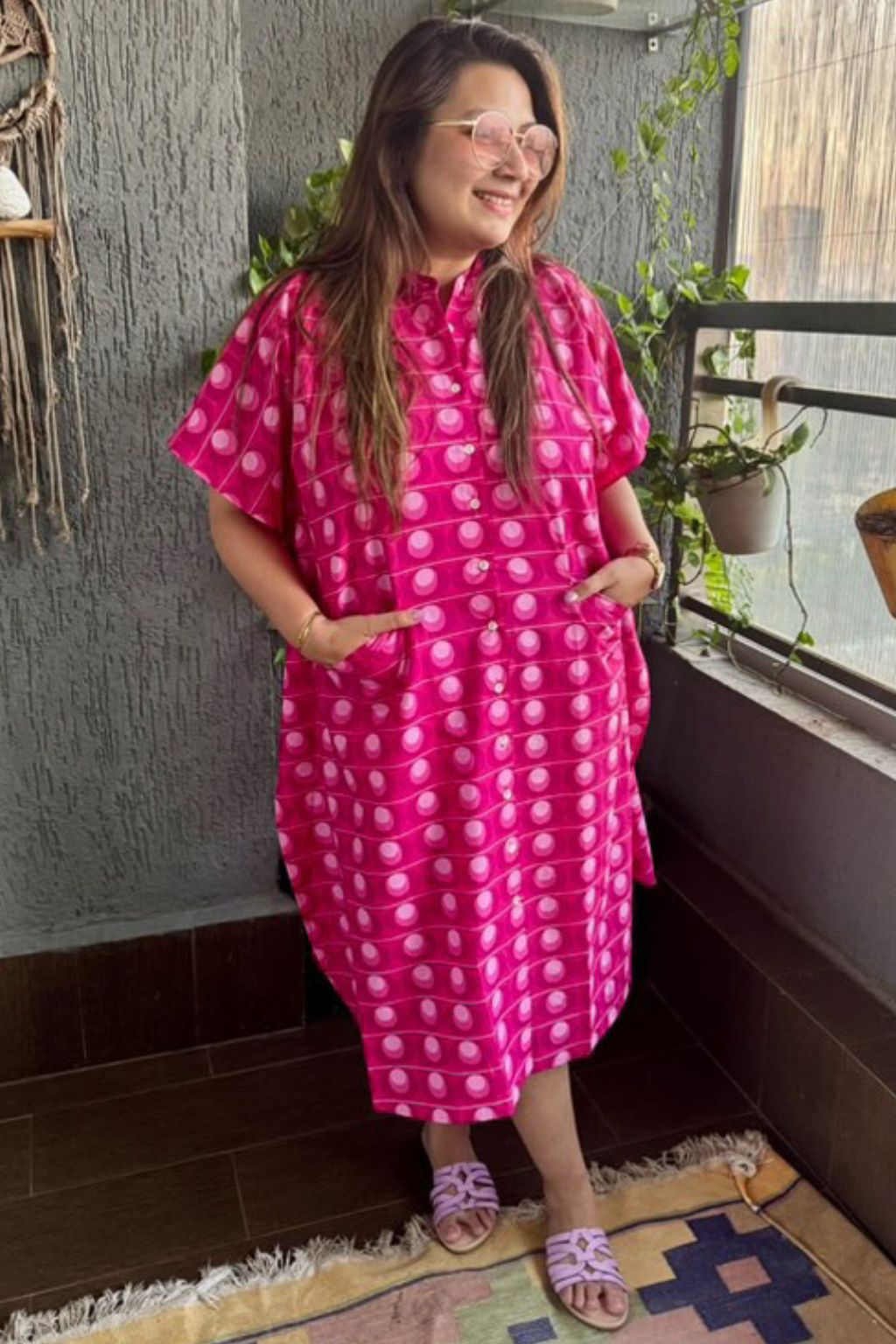 Pink Bubble Print Cotton Kaftan Shirt Dress