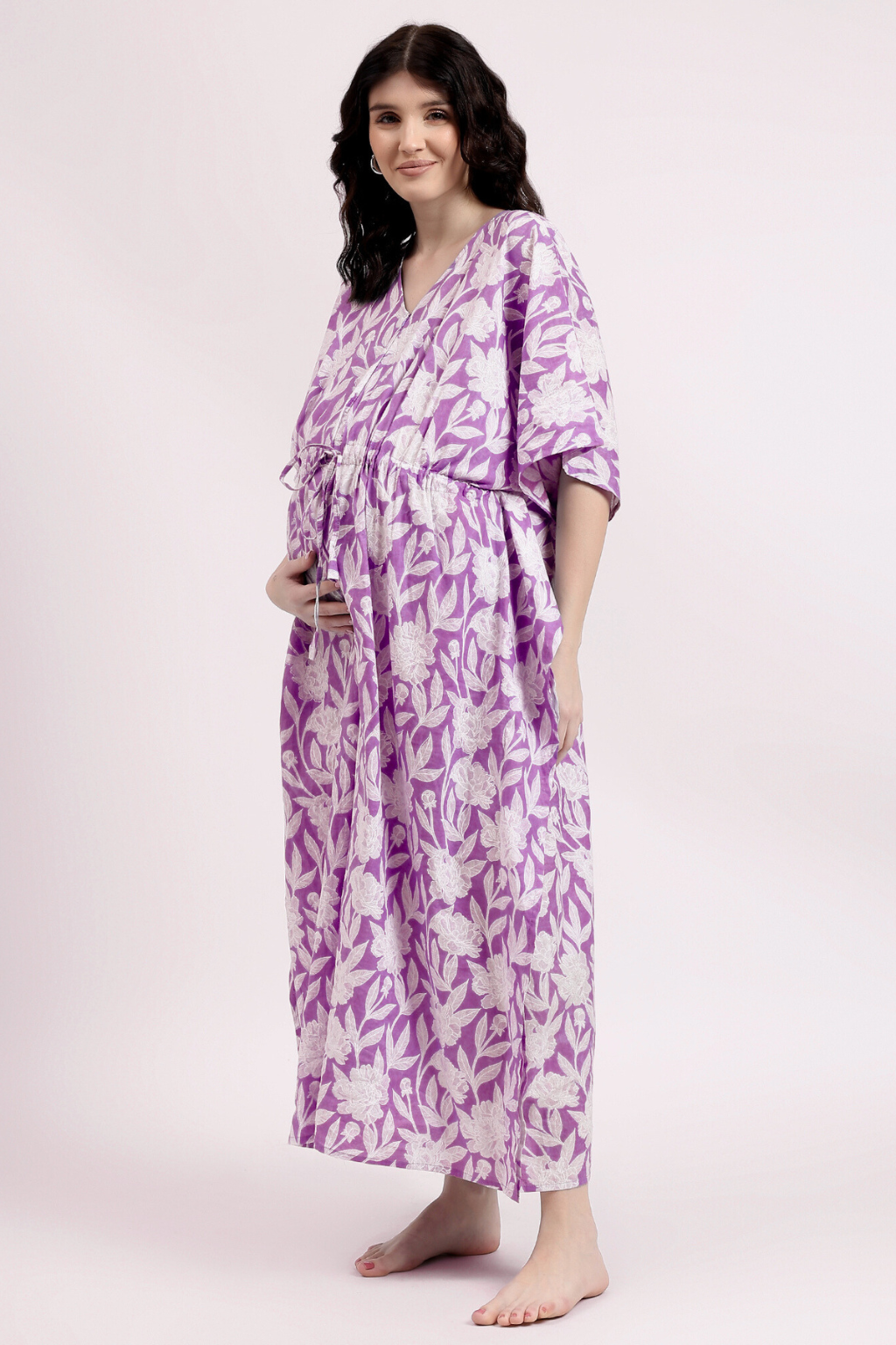 Purple Petals cotton maternity kaftan with zip