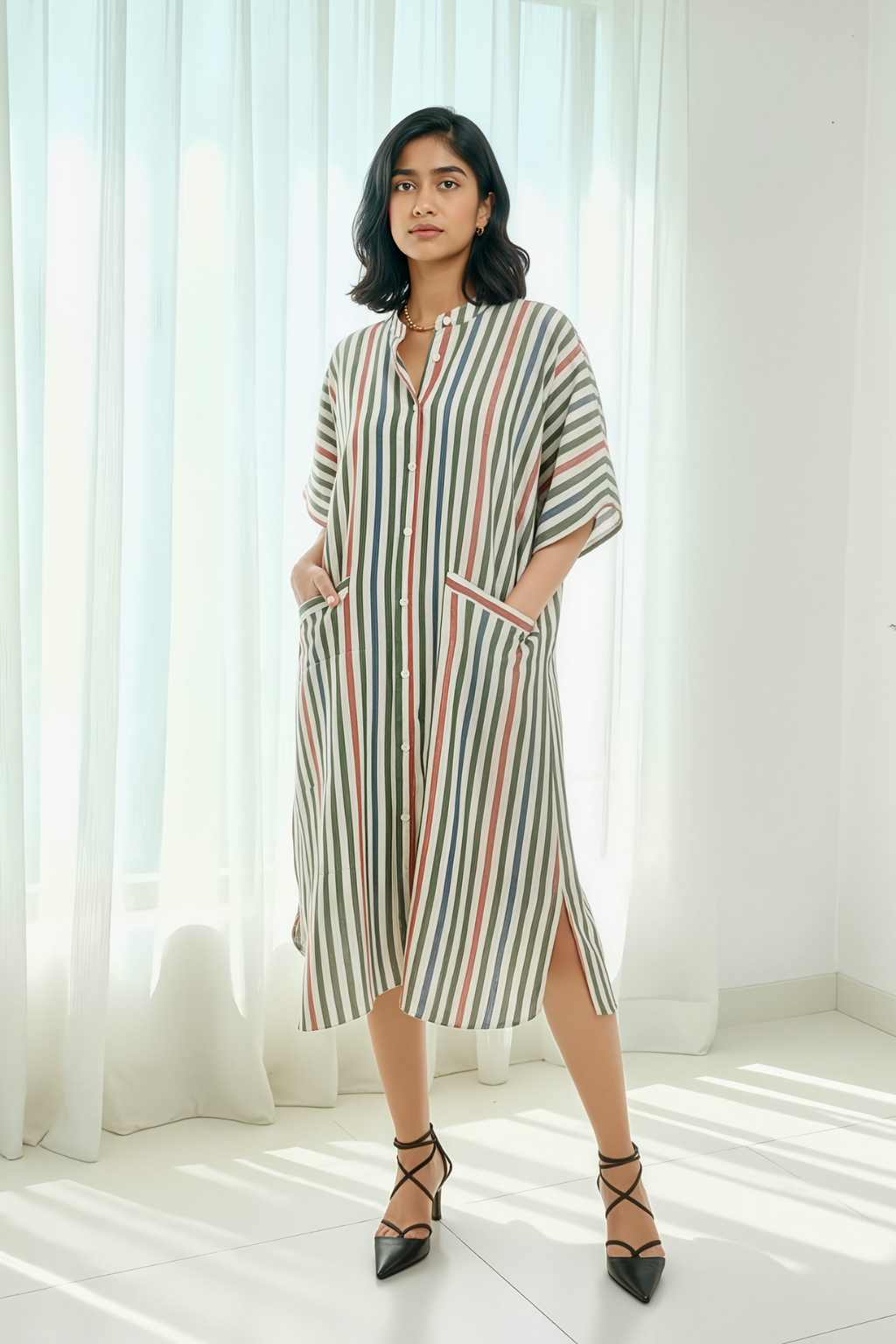 Multicolured Stripe Cotton Kaftan Shirt Dress
