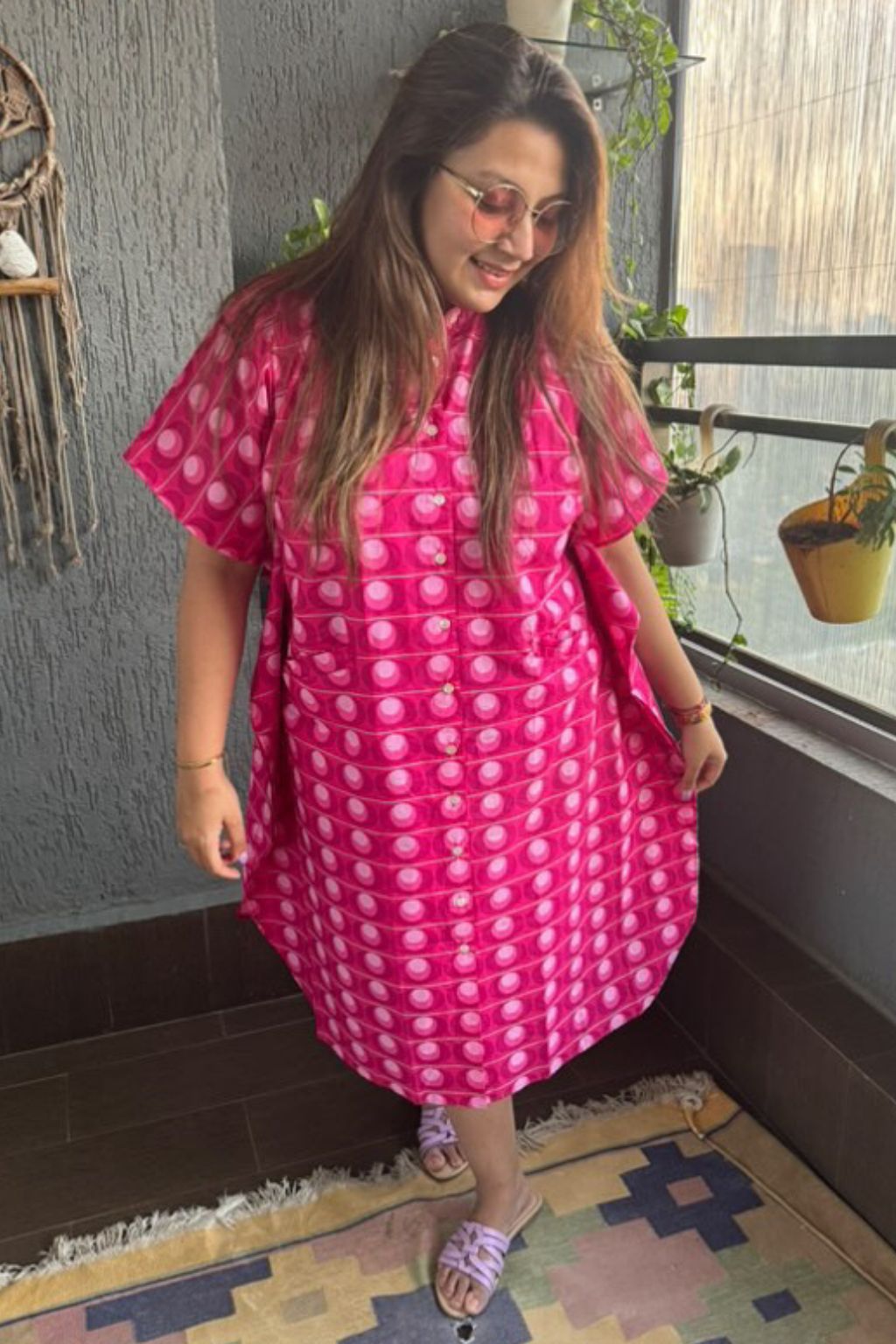 Pink Bubble Print Cotton Kaftan Shirt Dress