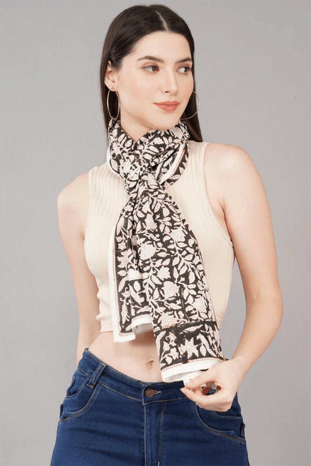 Black Floral Motif 100% Cotton Scarf - SAFEERA