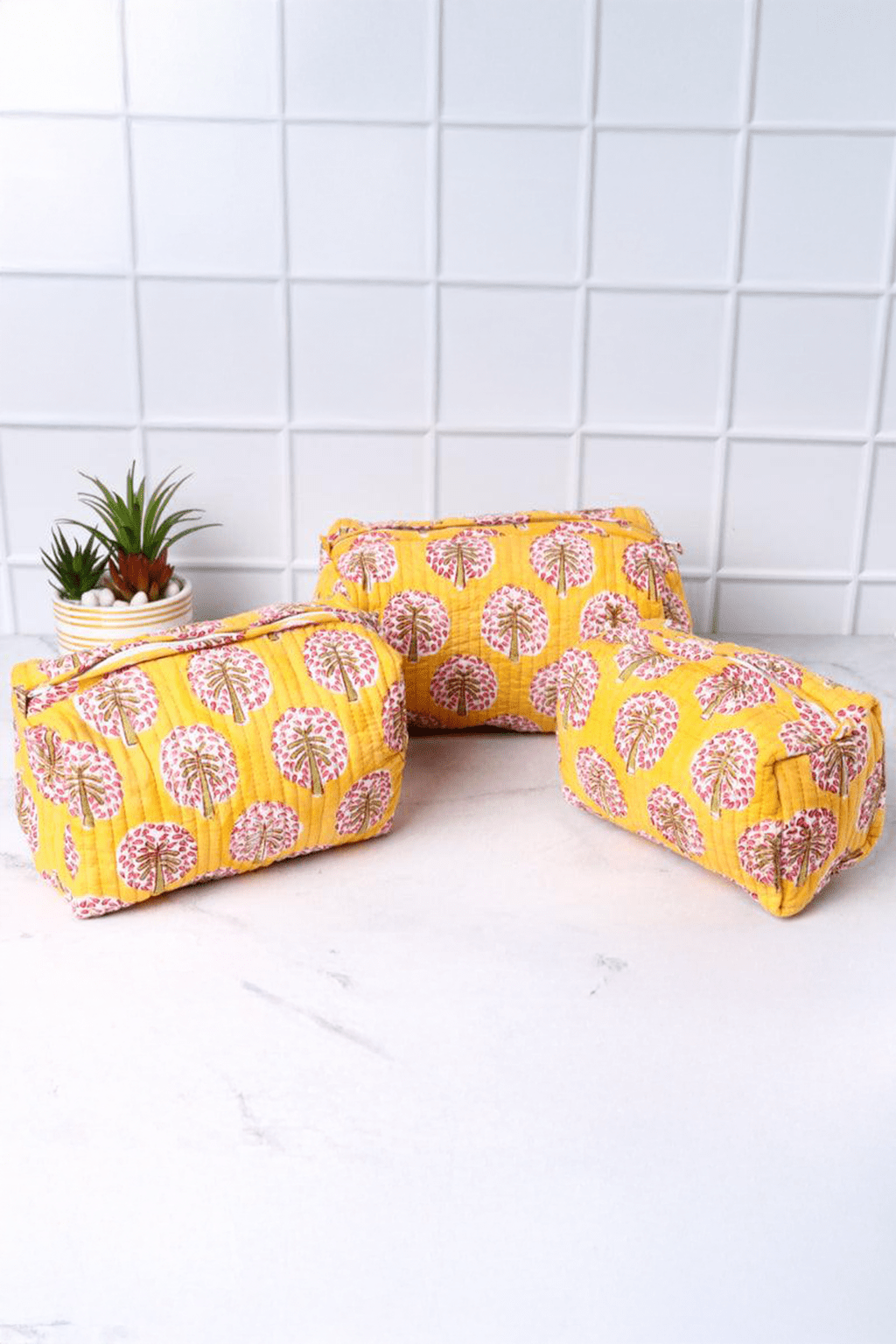 Blooming Tree Motifs on Hand Block Printed Quilted Vanity Bag - SAFEERA
