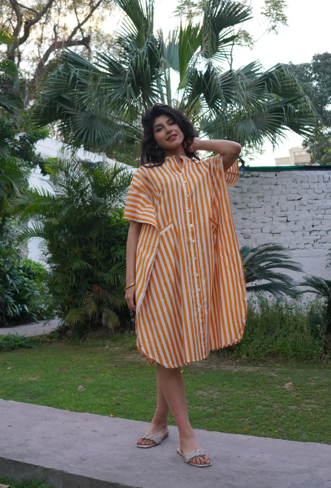 Mustard Yellow Stripe Cotton Kaftan Shirt Dress - SAFEERA