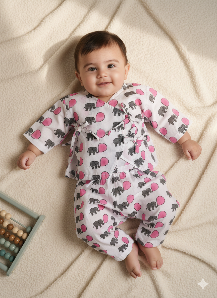 Bubblegum Bling Elephant Mulmul Jhabla Set