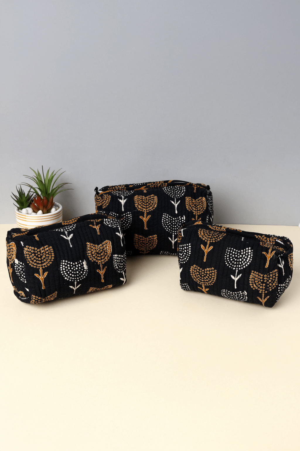 Dotted Motifs on Black Hand Block Printed Quilted Vanity Bag - SAFEERA