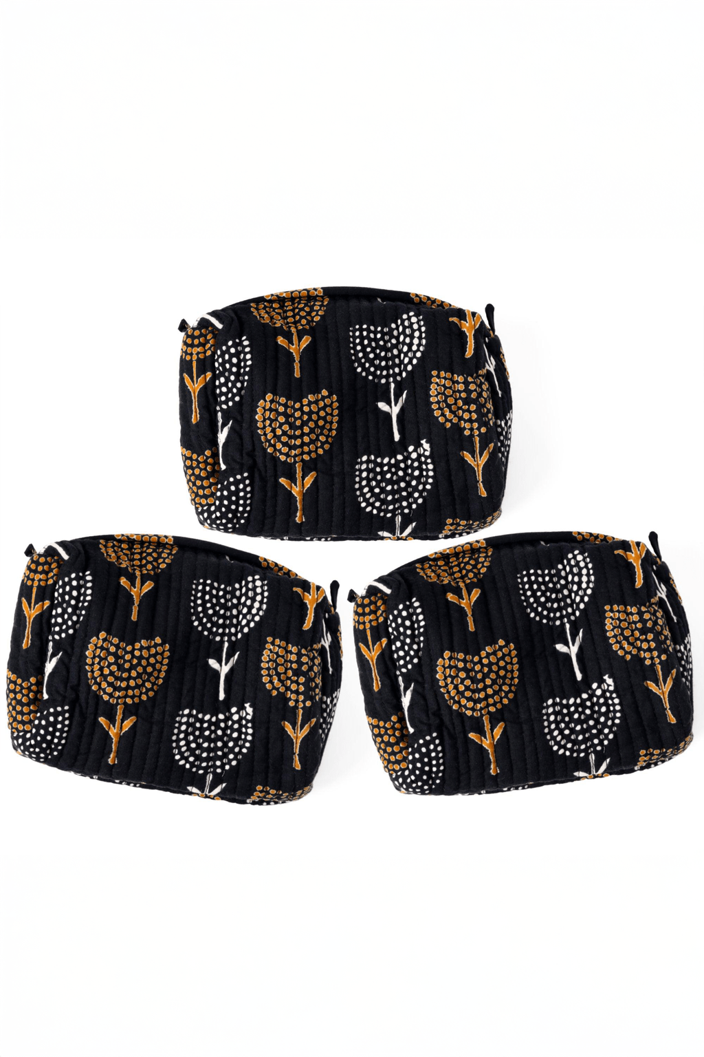 Dotted Motifs on Black Hand Block Printed Quilted Vanity Bag - SAFEERA