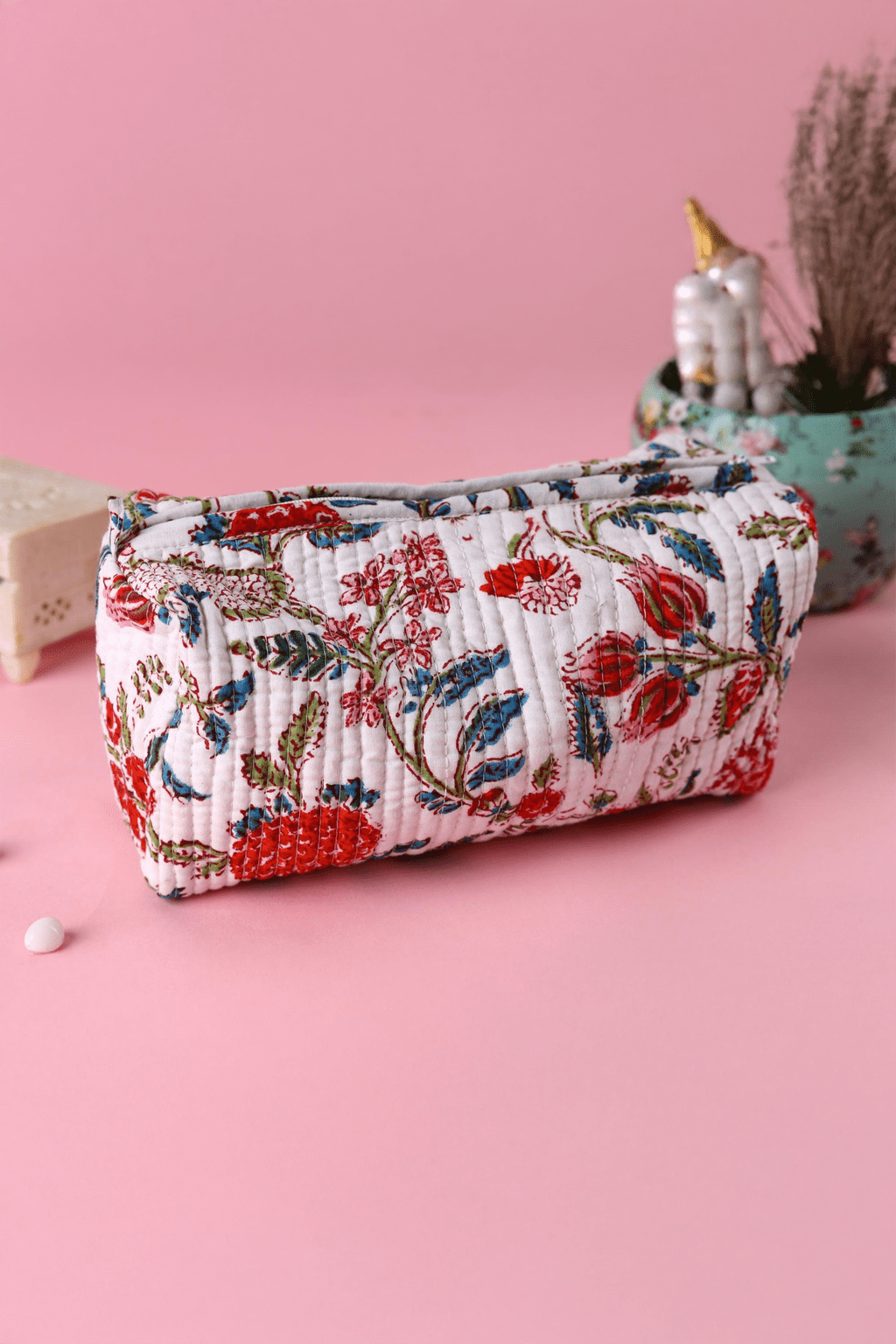 Multicolored Floral Bouquet Hand Block Printed Quilted Vanity Bag - SAFEERA