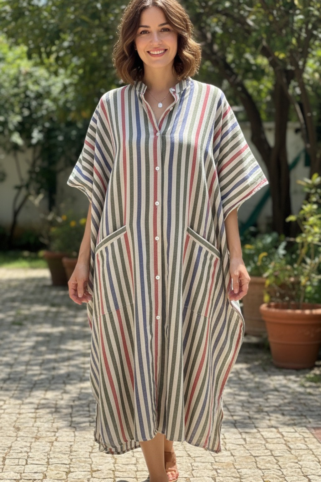 Multicolured Stripe Cotton Kaftan Shirt Dress