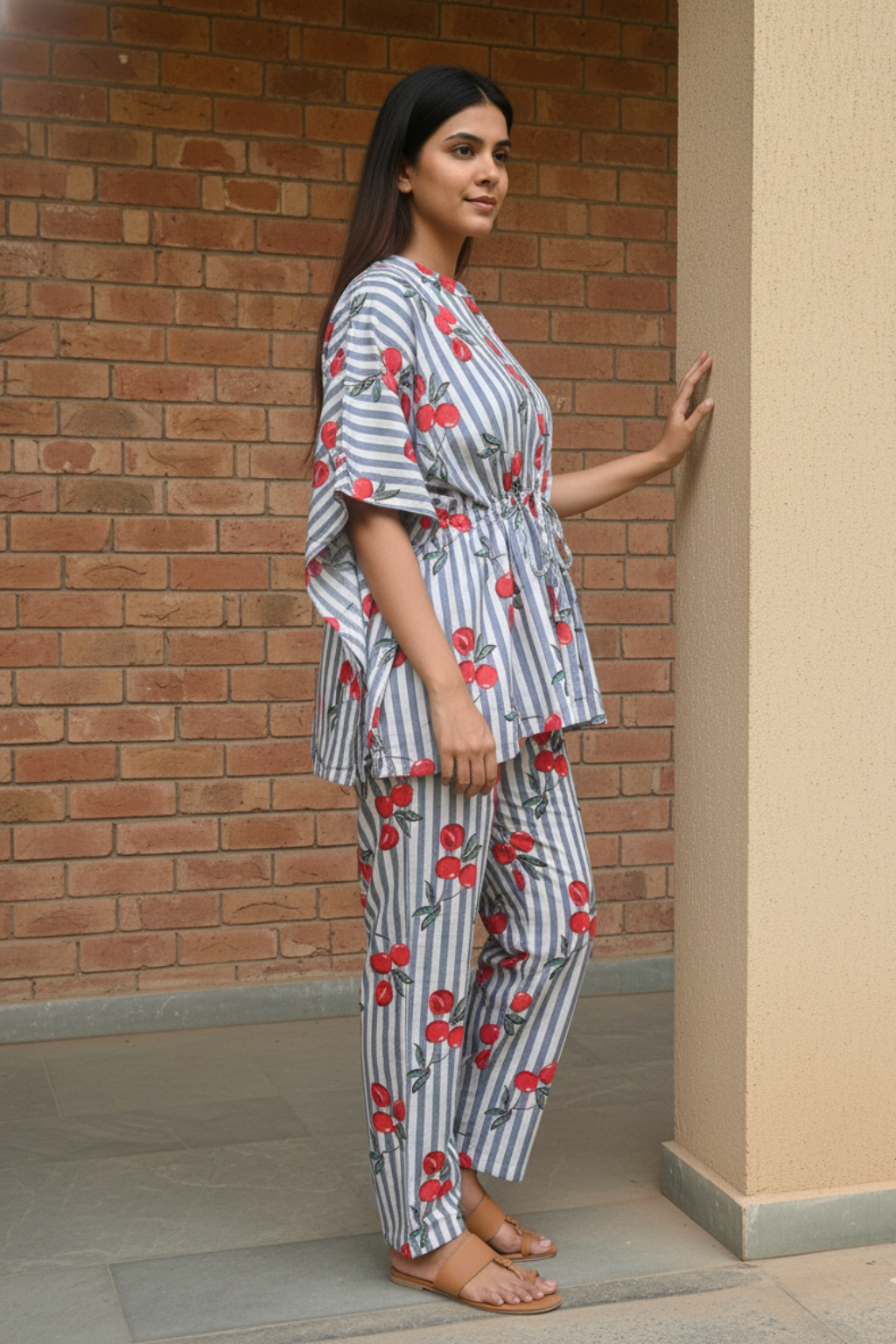 Cherry Stripe Kaftan Cotton Co Ord Set