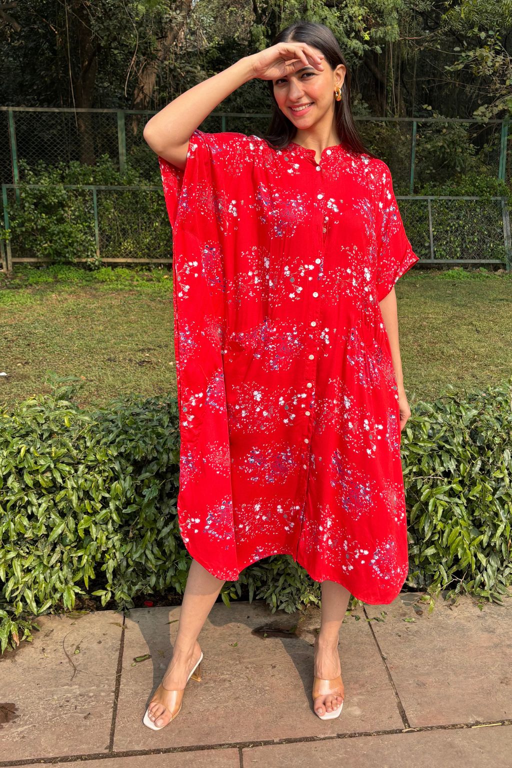 Red Bloom Kaftan Shirt Dress