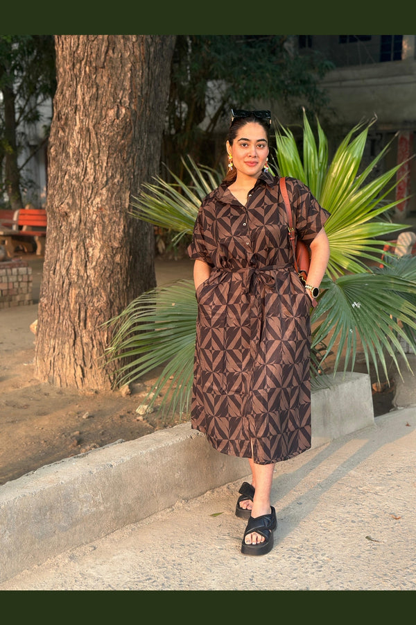 Brown Geometric Print Oversized belted Shirt Dress