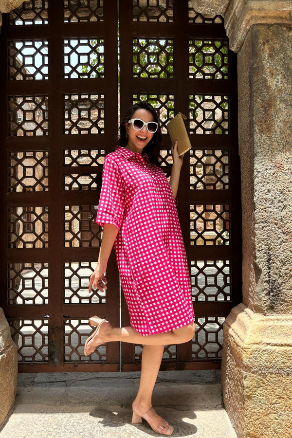 Retro Vibes Pink Check Cotton Shift Dress - SAFEERA